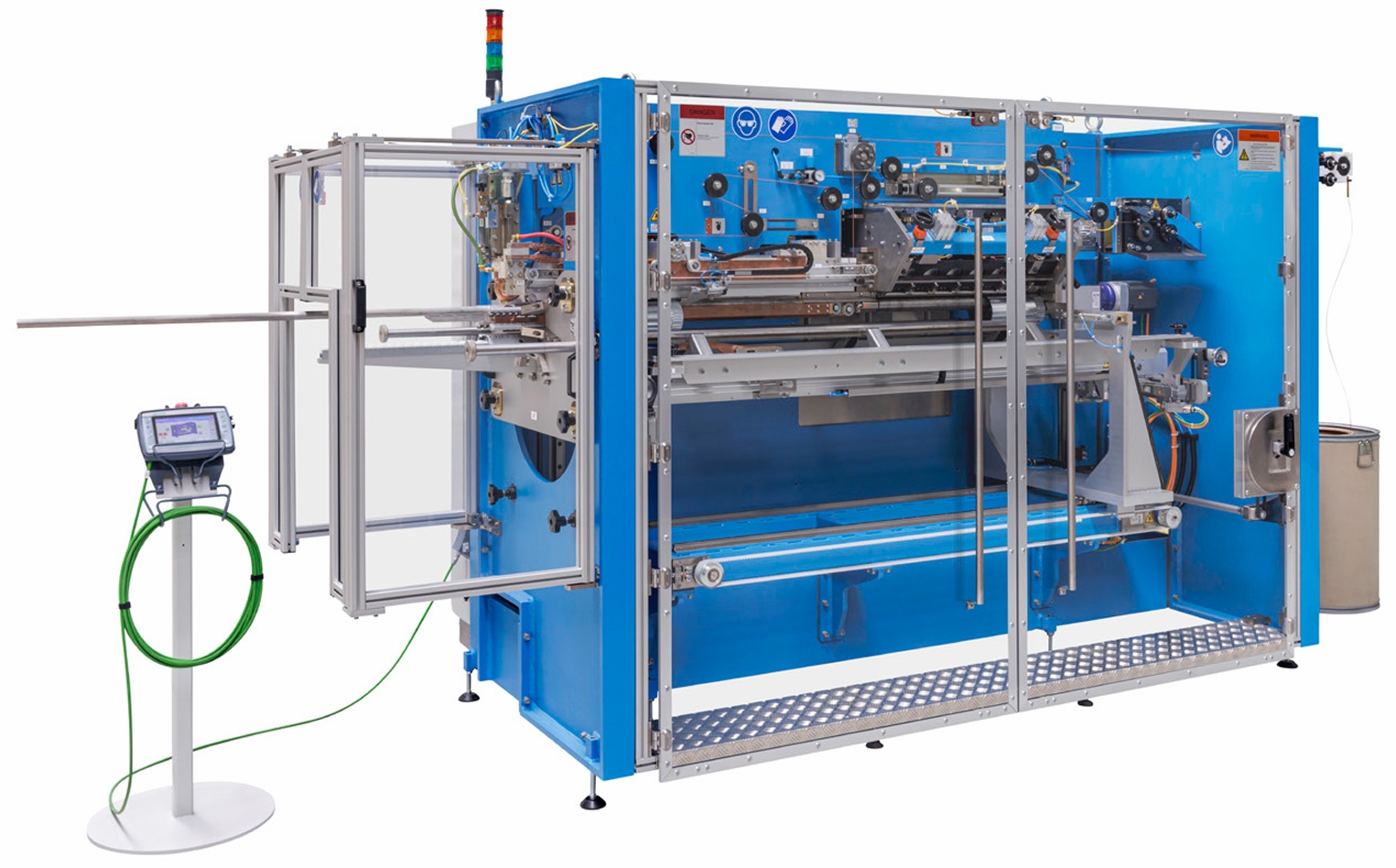 Automatic metal stitch welding machine with blue enclosed frame and external touchscreen control panel for high volume sheet metal production