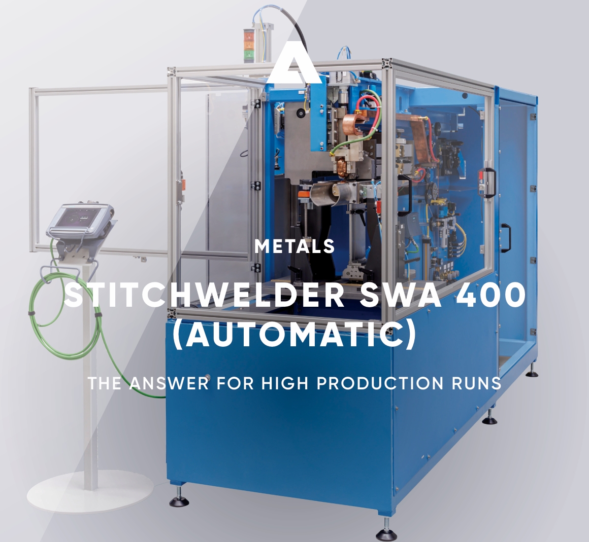 Automated metal stitch welding machine enclosed in a blue safety cabinet with touchscreen control panel for high-production sheet metal welding