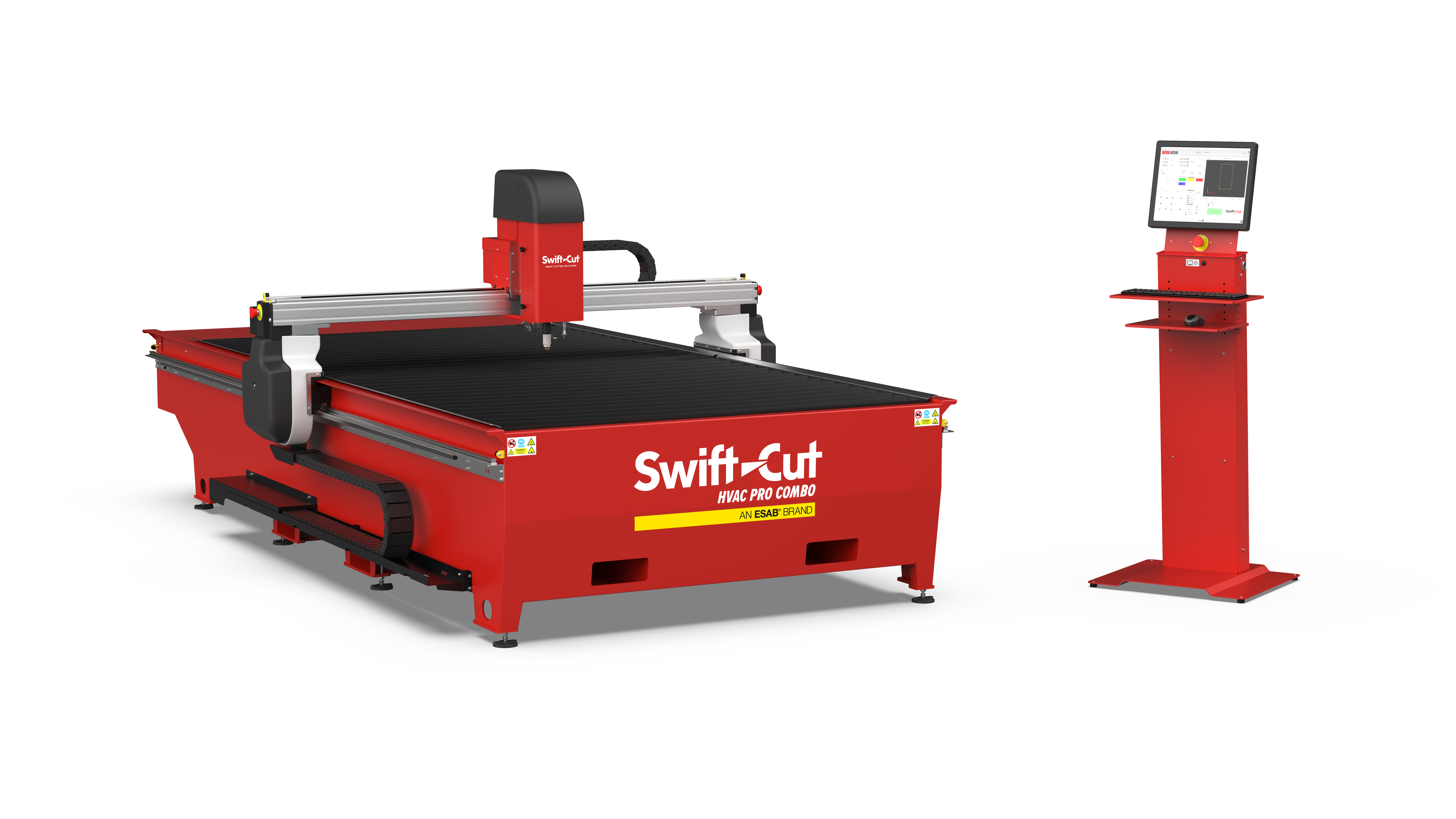 Swift-Cut HVAC Pro Combo CNC plasma cutting table with gantry-mounted torch and standalone touchscreen control pedestal