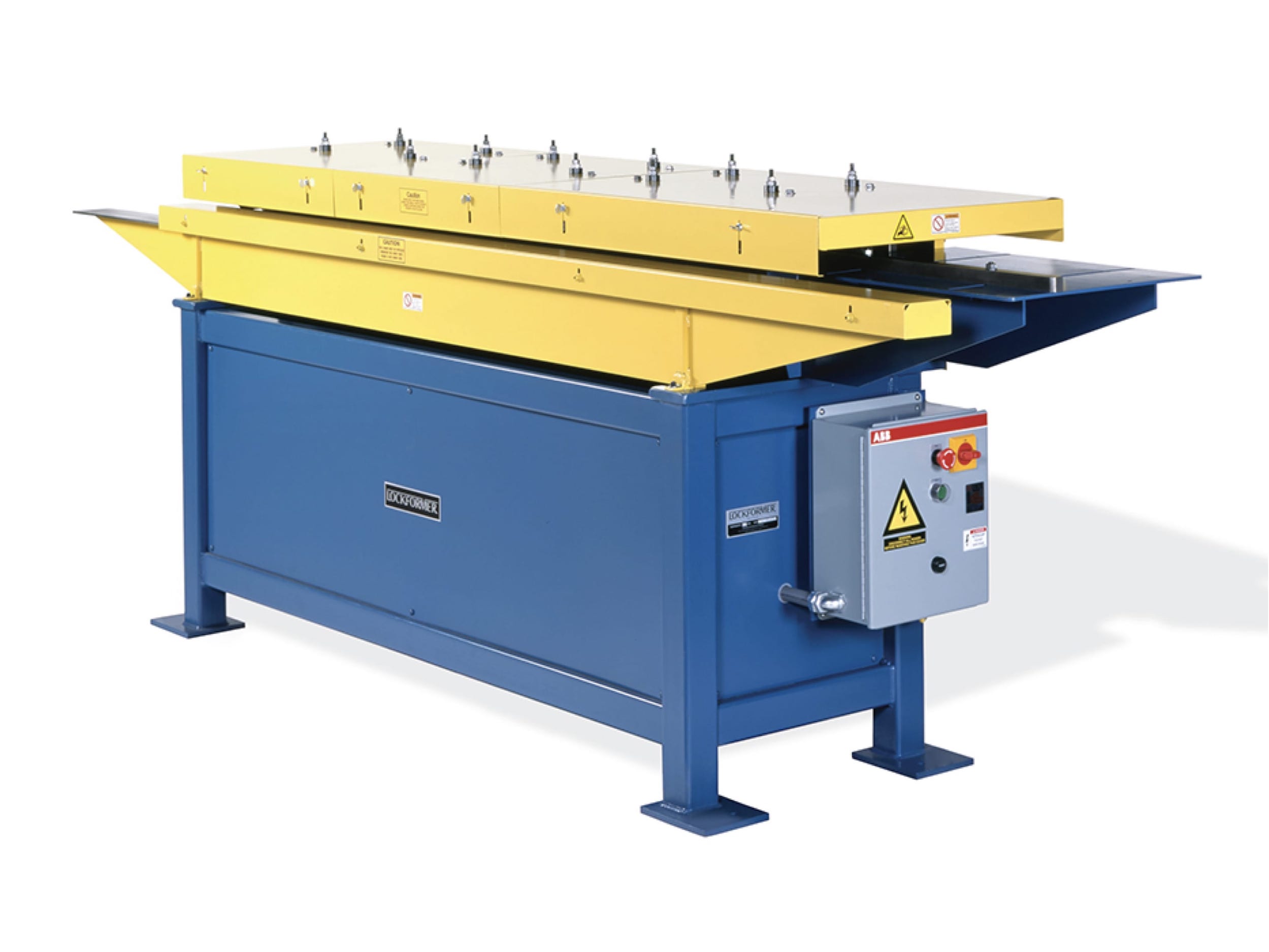 Lockformer Transverse Duct Connector (TDC) Rollformer Model TDC-V with heavy-duty steel base, yellow forming head, and side-mounted control panel.
