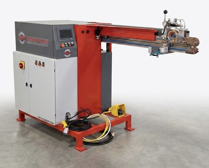 Automatic metal stitch welding machine with blue enclosed frame and external touchscreen control panel for high volume sheet metal production